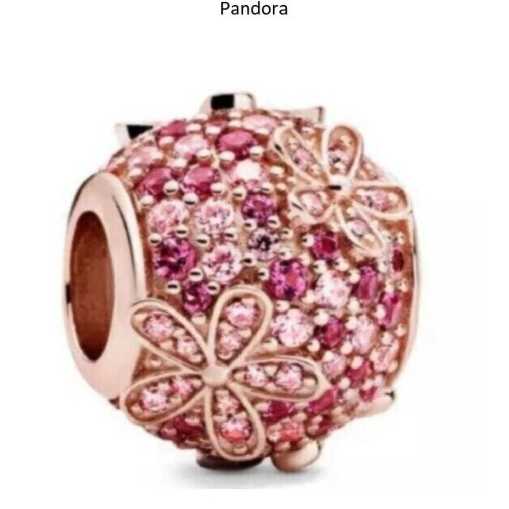 Pink Pav?? Daisy Flower Charm - 14k rose gold - Fits Pandora Charm Bracelets